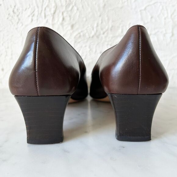 Salvatore Ferragamo Brown Leather Pumps 9.5 AAAA Narrow Silver Bar Square Toe - Picture 4 of 8